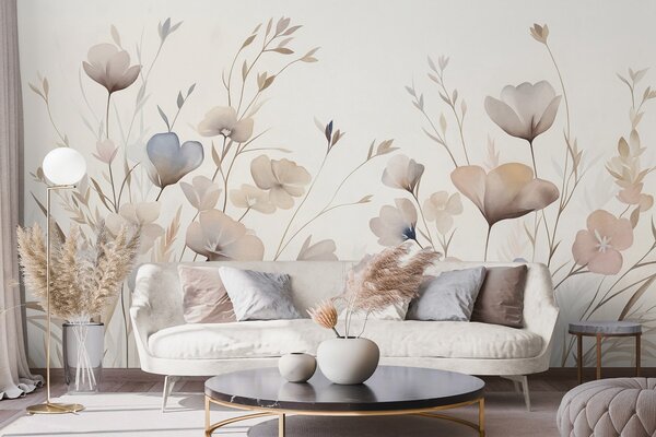 Fototapety Delikatne polne kwiaty w pastelowych odcieniach błękitu, różu i beżu wśród wysokiej trawy, Fototapety Akwarele, w10065 : Uwalls.pl