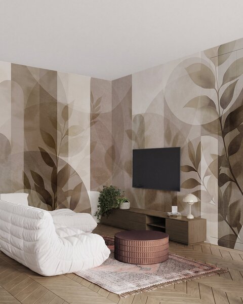 Fototapety Abstrakcyjne elementy geometryczne i delikatne liście w stonowanych odcieniach brązu i beżu, Nowoczesne Fototapety, w10088 : Uwalls.pl