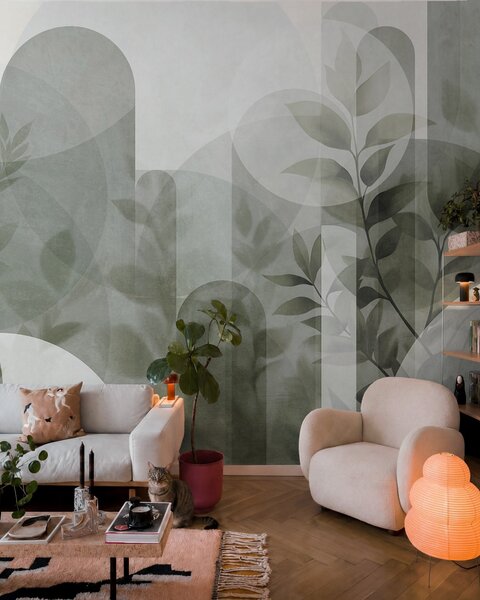 Fototapety Abstrakcyjne elementy geometryczne i delikatne liście w stonowanej zieleni, Nowoczesne Fototapety, w10088v1 : Uwalls.pl