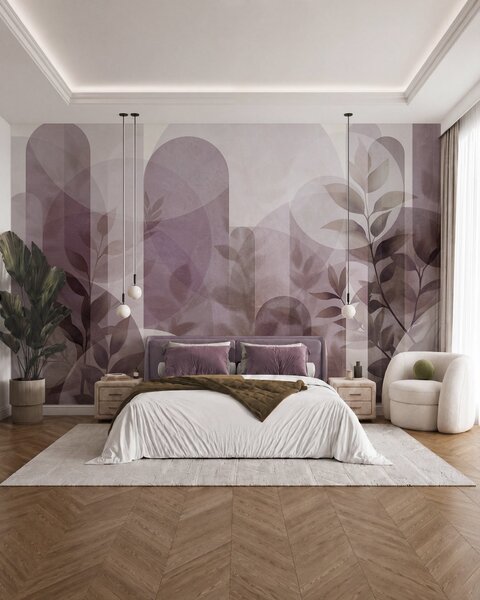 Fototapety Abstrakcyjne elementy geometryczne i delikatne liście w stonowanym odcieniu różu, Nowoczesne Fototapety, w10088v2 : Uwalls.pl