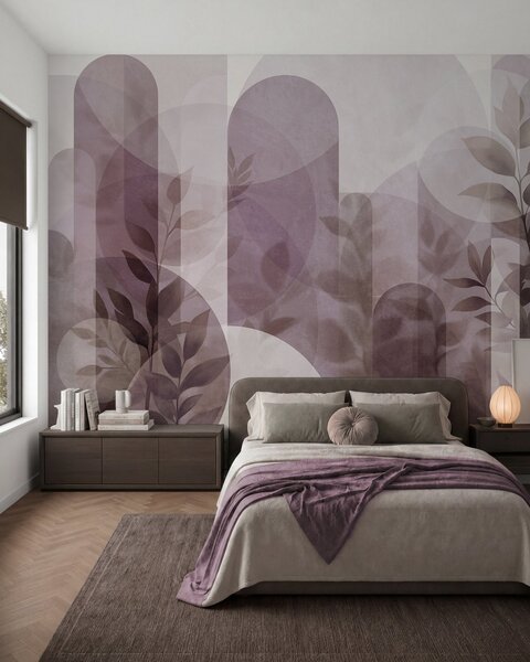 Fototapety Abstrakcyjne elementy geometryczne i delikatne liście w stonowanym odcieniu różu, Nowoczesne Fototapety, w10088v2 : Uwalls.pl