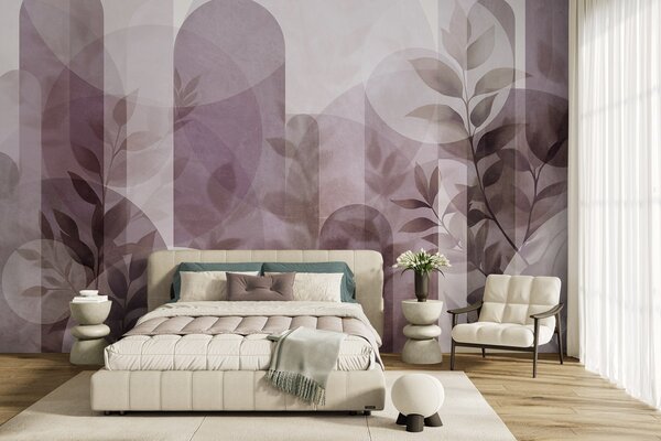 Fototapety Abstrakcyjne elementy geometryczne i delikatne liście w stonowanym odcieniu różu, Nowoczesne Fototapety, w10088v2 : Uwalls.pl