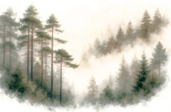 Fototapety Poranny las sosnowy w stylu akwarelowym, Fototapety Natura, w09916 : Uwalls.pl