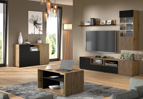 Długa lamelowa szafka pod tv dąb artisan z czarnym | Umeblowana.com