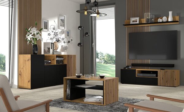 Elegancka długa komoda z półkami 180 cm artisan/czarny | Umeblowana.com