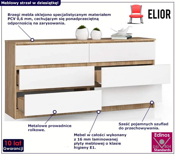 Długa komoda z szufladami dąb sonoma + biały - Olin 3X