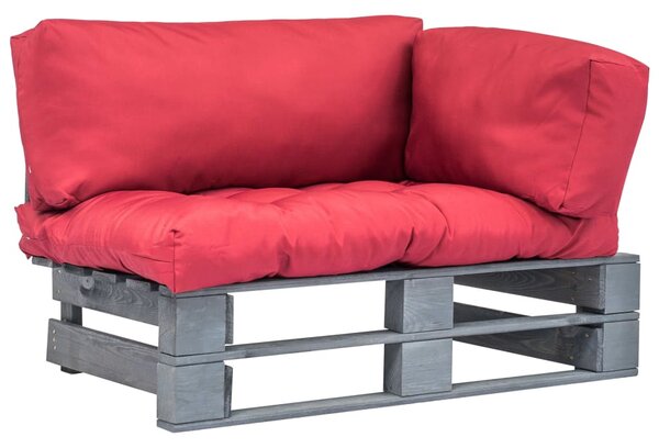 Sofa ogrodowa z palet z czerwonymi poduszkami, drewno sosnowe