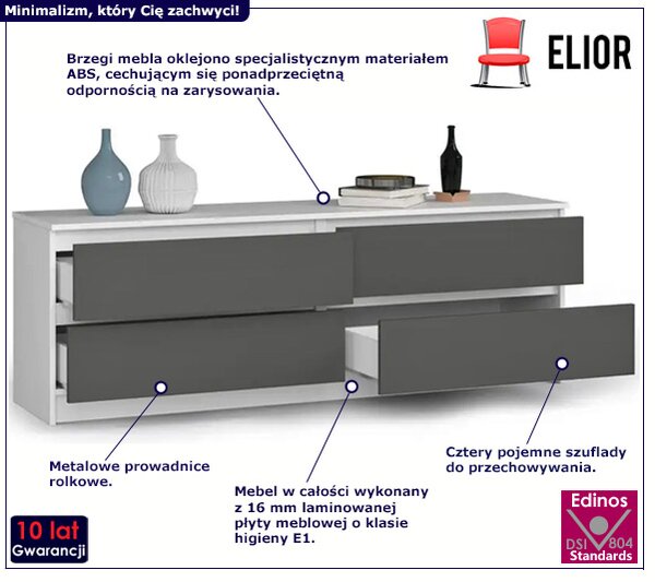 Nowoczesna komoda z gładkim frontem biały + grafit - Zoki
