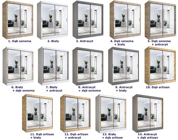 Szafa przesuwna z lustrami 180 cm antracyt + dąb sonoma R6-R95