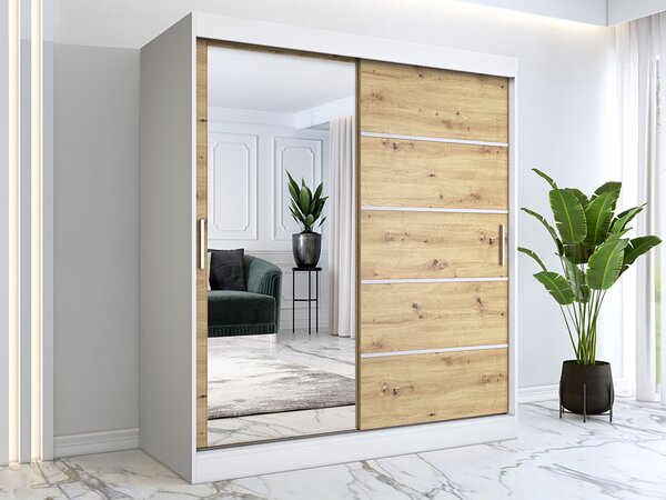 Szafa na ubrania przesuwna 180 cm biel + dąb artisan T4-Z80