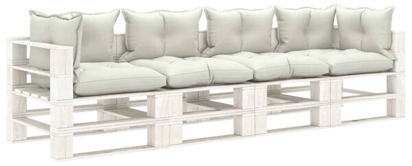 Ogrodowa sofa 4-osobowa z palet, z beżowymi poduszkami