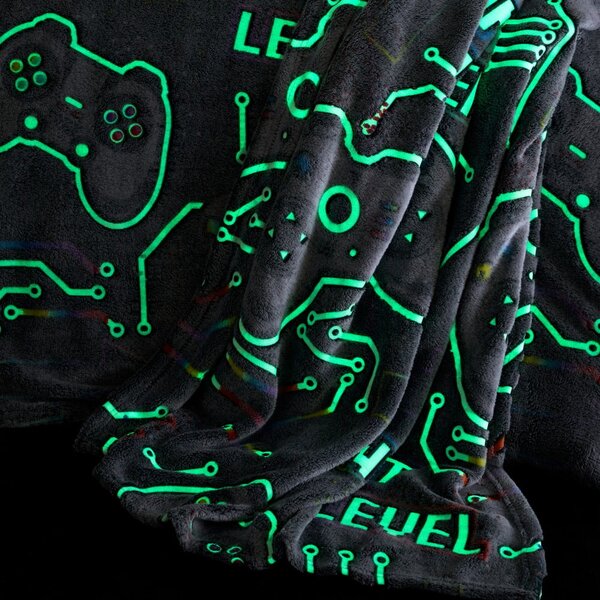 Szary koc dziecięcy z efektem fluorescencyjnym z mikropluszu 130x170 cm Game Over – Catherine Lansfield