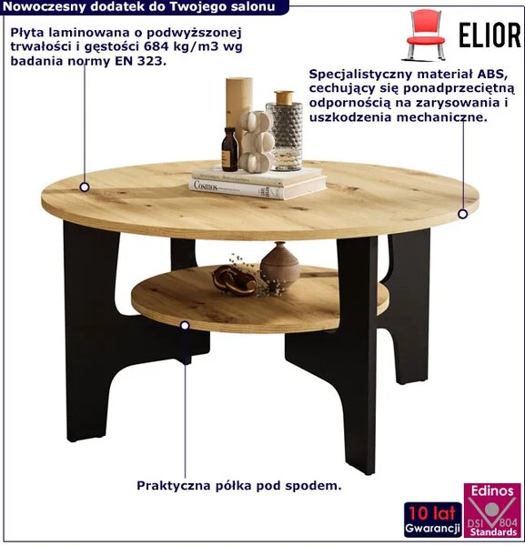Nowoczesny okrągły kawowy stolik z półką dąb artisan + czarny D8-T04