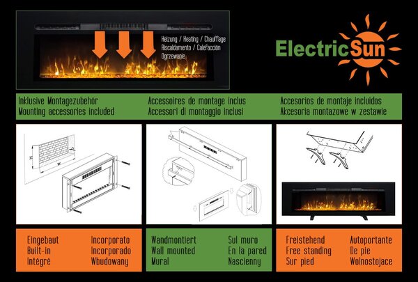 Kominek elektryczny ścienny 3D ElectricSun PAULA DUŻY czarny szkło, naścienny, podłogowy lub wbudowane, z dźwiękiem, 10 kolory, z aplikacją, L183xH45x