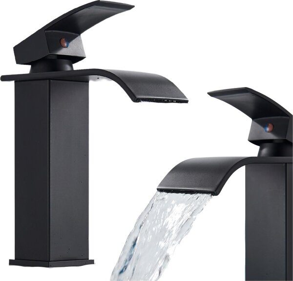 Bateria umywalkowa Ari Waterfall nablatowa, mosina, czarny mat, wylewka typu wodospad, gowica ceramiczna