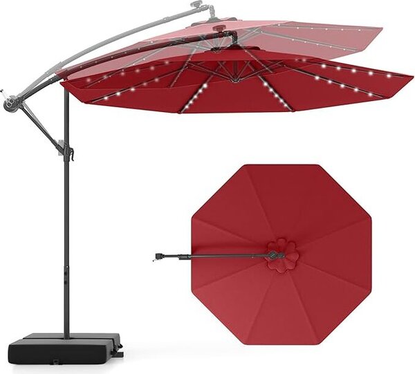 KOMFOTTEU LED Solar parasol wspornikowy Ø300cm, parasol z workami z piaskiem i korbk, parasol ogrodowy, uchylny, parasol tarasowy z ochron UV, parasol rynkowy bez stojaka na parasole