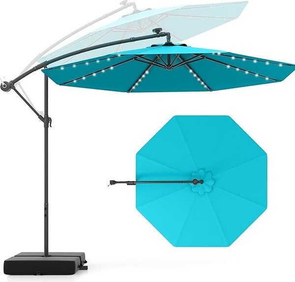 KOMFOTTEU LED Solar parasol wspornikowy Ø300cm, parasol z workami z piaskiem i korbk, parasol ogrodowy, uchylny, parasol tarasowy z ochron UV, parasol rynkowy bez stojaka na parasole