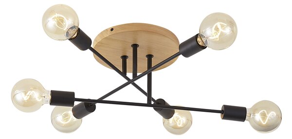Lampa sufitowa Art Deco czarna z drewnem 6-punktowa - Sydney