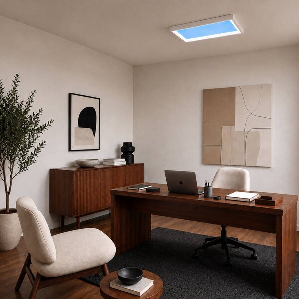 Lucande – lampa sufitowa z światłem dziennym „Sky”, 60 x 30 cm, ściemniana Sky Lucande, możliwość ściemniania, niebieski, salon / jadalnia, tworzywo sztuczne, nowoczesny
