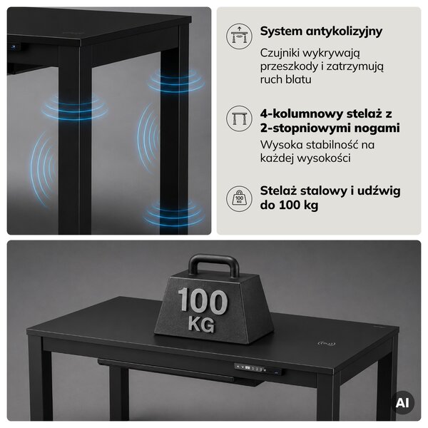 Biurko regulowane elektrycznie podnoszone czarne, 120x63 cm: EVAN