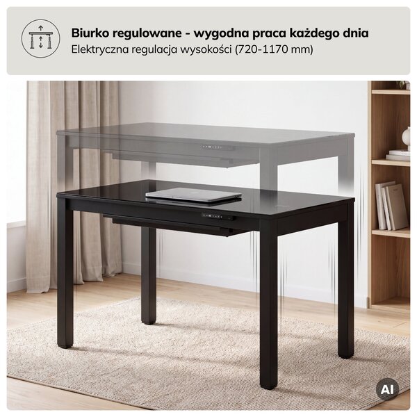 Biurko regulowane elektrycznie podnoszone czarne, 120x63 cm: EVAN