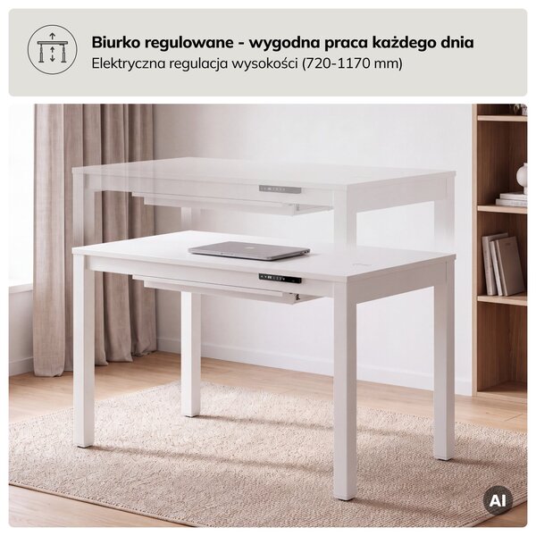 Biurko regulowane elektrycznie podnoszone białe, 120x63 cm: EVAN