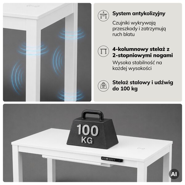 Biurko regulowane elektrycznie podnoszone białe, 120x63 cm: EVAN
