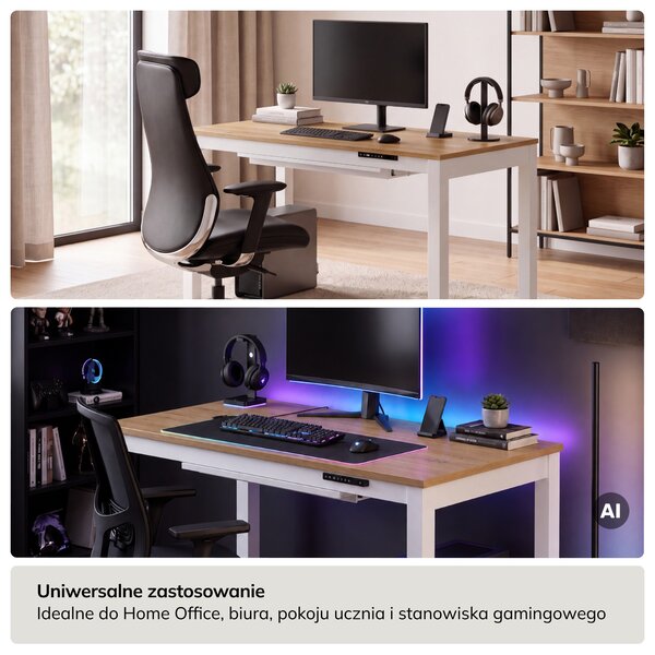 Biurko regulowane elektrycznie podnoszone białe/złoty dąb, 120x63 cm: EVAN