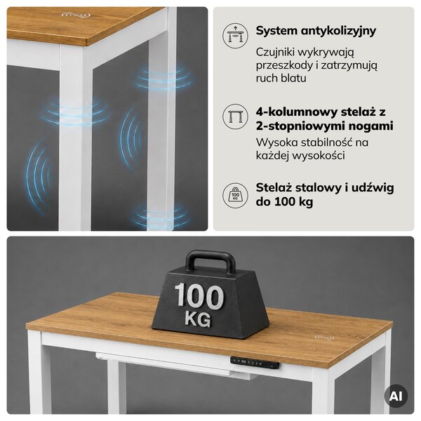 Biurko regulowane elektrycznie podnoszone białe/złoty dąb, 120x63 cm: EVAN