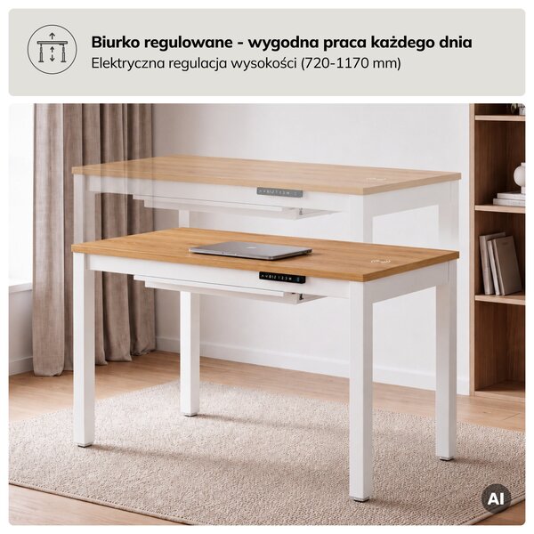 Biurko regulowane elektrycznie podnoszone białe/złoty dąb, 120x63 cm: EVAN