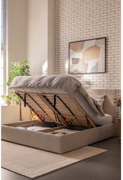 Szarobrązowe tapicerowane łóżko dwuosobowe ze schowkiem i stelażem 160x200 cm Thessa Pillow – Bonami Selection