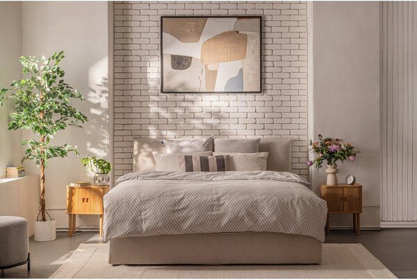 Beżowe tapicerowane łóżko dwuosobowe ze schowkiem i stelażem 160x200 cm Thessa Pillow – Bonami Selection