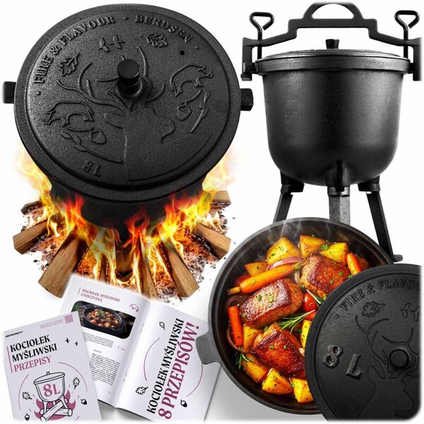 Kociołek żeliwny 8L Berdsen BD-482 garnek myśliwski pieczonka na ognisko grill + przepisy