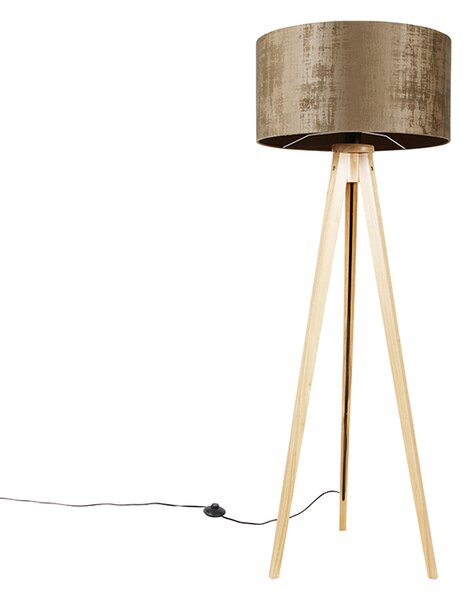 Lampa podłogowa drewniana z kloszem z tkaniny brąz 50 cm - Tripod Classic Oswietlenie wewnetrzne
