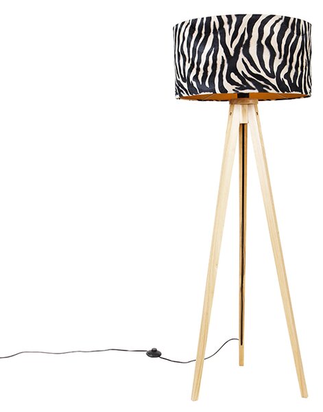 Lampa podłogowa drewniana z kloszem z tkaniny zebra 50 cm - Tripod Classic Oswietlenie wewnetrzne