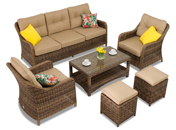 Zestaw technorattanowy Toledo Coffee 5 z pufami brąz Garden Point