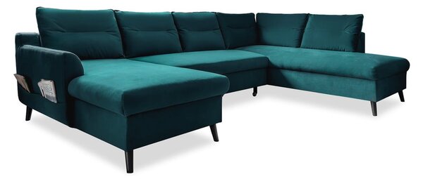 Turkusowa aksamitna rozkładana sofa w kształcie litery "U" Miuform Stylish Stan, prawostronna