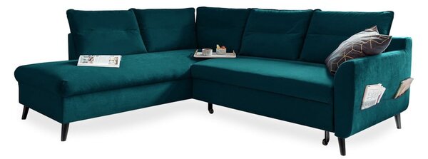 Turkusowy aksamitny narożnik rozkładany Miuform Stylish Stan L, lewostronny