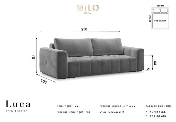Ciemnoszara aksamitna rozkładana sofa Milo Casa Luca