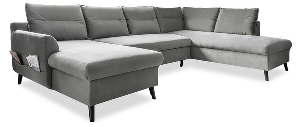 Jasnoszara aksamitna rozkładana sofa w kształcie litery "U" Miuform Stylish Stan, prawostronna