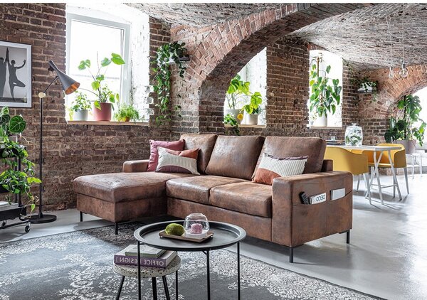 Brązowy narożnik rozkładany z imitacji skóry Miuform Lofty Lilly Vintage, lewostronny
