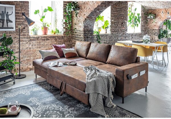 Brązowy narożnik rozkładany z imitacji skóry Miuform Lofty Lilly Vintage, lewostronny