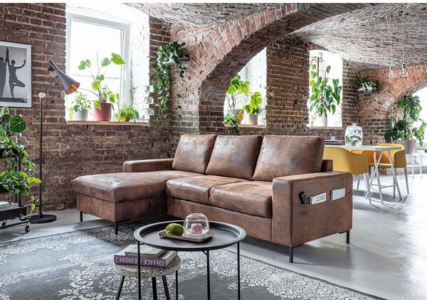 Brązowy narożnik rozkładany z imitacji skóry Miuform Lofty Lilly Vintage, lewostronny