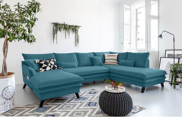 Turkusowa rozkładana sofa w kształcie litery "U" Miuform Charming Charlie, prawostronna