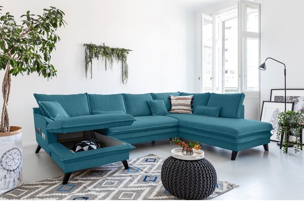 Turkusowa rozkładana sofa w kształcie litery "U" Miuform Charming Charlie, prawostronna