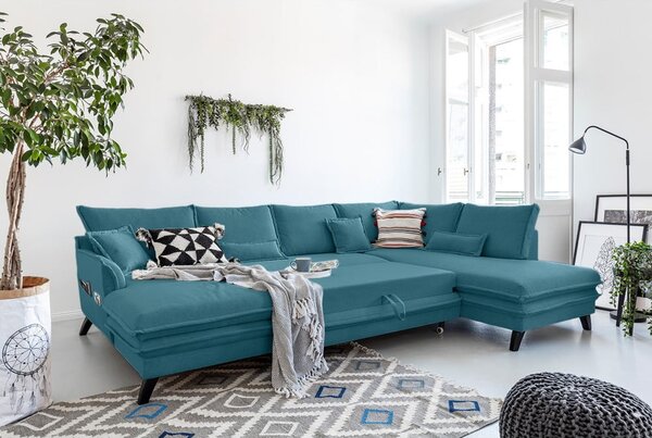Turkusowa rozkładana sofa w kształcie litery "U" Miuform Charming Charlie, prawostronna