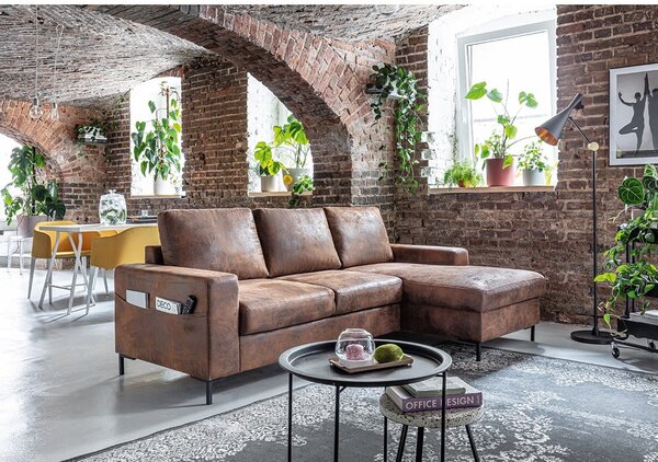 Brązowy narożnik rozkładany z imitacji skóry Miuform Lofty Lilly Vintage, prawostronny