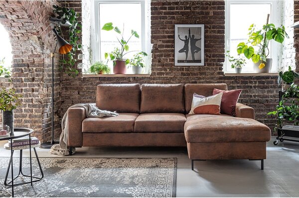 Brązowy narożnik rozkładany z imitacji skóry Miuform Lofty Lilly Vintage, prawostronny