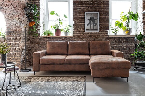 Brązowy narożnik rozkładany z imitacji skóry Miuform Lofty Lilly Vintage, prawostronny