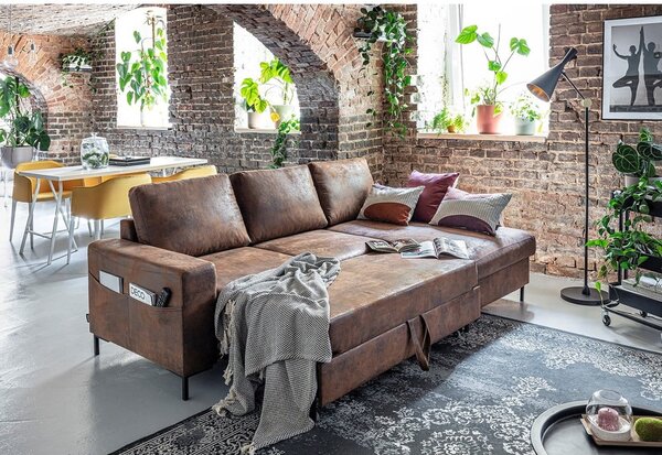 Brązowy narożnik rozkładany z imitacji skóry Miuform Lofty Lilly Vintage, prawostronny